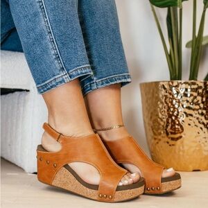 Corky’s- Carley- Brown Wedge Sandals w/Stud Accents